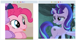 Size: 516x277 | Tagged: safe, derpibooru import, pinkie pie, starlight glimmer, twilight sparkle, twilight sparkle (alicorn), alicorn, earth pony, pony, the cutie map, derpibooru, exploitable meme, female, juxtaposition, juxtaposition win, mare, meme, meta