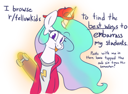Size: 1500x1100 | Tagged: safe, alternate version, artist:heir-of-rick, princess celestia, alicorn, pony, 30 rock, :p, backwards ballcap, baseball cap, cap, clothes, cute, dialogue, female, hat, hoodie, how do you do fellow kids, looking at you, magic, mare, no pupils, reddit, shirt, silly, simple background, skateboard, solo, tongue out, white background