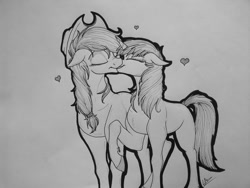 Size: 1632x1224 | Tagged: safe, artist:lupiarts, applejack, oc, oc:silverlay, earth pony, pony, black and white, canon x oc, female, grayscale, heart, kissing, lesbian, mare, monochrome, romance, shipping, silverjack