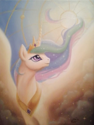 Size: 430x568 | Tagged: safe, artist:cynthia conner, artist:dracontiar, edit, princess celestia, alicorn, pony, better source needed, cloud, cropped, ethereal mane, female, jewelry, looking up, majestic, mare, regalia, smiling, solo, spread wings, starry mane, sun, traditional art, windswept mane, wings