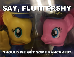 Size: 1536x1188 | Tagged: safe, fluttershy, pinkie pie, cute, food, irl, meme, merchandise, pancakes, photo, text, toy