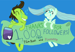Size: 3168x2204 | Tagged: safe, artist:sb1991, fluttershy, oc, oc:film reel, pegasus, pony, 1000 followers, banner, equestria amino, eyes closed, smiling, thank you, thanks, underwater