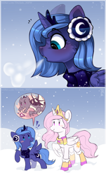 Size: 1280x2120 | Tagged: safe, artist:trickate, princess celestia, princess luna, alicorn, dragon, pony, 2 panel comic, blush sticker, blushing, boots, cewestia, cheek fluff, clothes, comic, crown, cute, cutelestia, duo, earmuffs, exclamation point, female, filly, jewelry, lunabetes, open mouth, pictogram, pink-mane celestia, profile, regalia, relatable, royal sisters, scarf, shoes, sisters, snow, speech bubble, winter, woona, younger