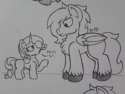 Size: 2576x1932 | Tagged: safe, artist:drheartdoodles, rarity, oc, oc:dr.heart, pegasus, pony, unicorn, clydesdale, simple background, size difference, traditional art