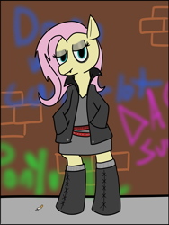 Size: 7087x9449 | Tagged: safe, artist:letterbomb, fluttershy, pegasus, pony, absurd resolution, belts, boots, clothes, dress, eyeshadow, flutterpunk, graffiti, hands in pockets, jacket, makeup, shoes, smoking