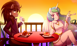 Size: 1796x1072 | Tagged: safe, artist:the-butch-x, princess celestia, oc, oc only, oc:midnight radiance (sixpathspony), alicorn, anthro, anthro oc, canon x oc, chair, clothes, commission, female, food, male, signature, sitting, table