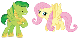 Size: 1024x507 | Tagged: safe, artist:petraea, fluttershy, oc, oc:swiftwing, pegasus, pony, armor, blushing, male, simple background, stallion, transparent background, vector