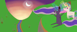 Size: 10667x4500 | Tagged: safe, artist:seriousweasle, princess celestia, princess luna, alicorn, pony, absurd resolution, aura, magic, moon, pointy ponies, raising the moon, river, sun, sunset, valley