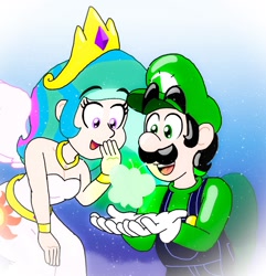 Size: 1246x1292 | Tagged: safe, artist:zer0cute, princess celestia, butterfly, human, equestria girls, bracelet, cap, clothes, crossover, crown, dream, dream world, dress, gloves, glow, hat, humanized, jewelry, luigi, luigi's hat, necklace, nintendo, overalls, pegasus wings, regalia, shirt, undershirt, winged humanization, wings