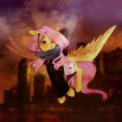 Size: 1024x1024 | Tagged: safe, artist:marisdoodles, fluttershy, pegasus, pony, bottomless, city, clothes, earbuds, female, flying, mare, partial nudity, saddle bag, solo, sweater, sweatershy