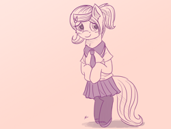 Size: 1700x1275 | Tagged: safe, artist:j24262756, fluttershy, pegasus, pony, alternate hairstyle, clothes, cute, female, mare, monochrome, school uniform, shyabetes, simple background, sketch, smiling, solo