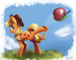 Size: 2000x1600 | Tagged: safe, artist:insanerobocat, applejack, earth pony, pony, buckball season, apple, buckball, female, food, kicking, plot, solo, underhoof