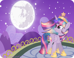 Size: 1024x808 | Tagged: safe, artist:nightmarelunafan, princess celestia, twilight sparkle, twilight sparkle (alicorn), oc, oc:princess solar sparkle, alicorn, pony, ethereal mane, female, fusion, mare, mare in the moon, moon, smiling