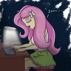 Size: 3543x3543 | Tagged: safe, artist:sumin6301, fluttershy, equestria girls, clothes, computer, eyes closed, female, lamp, laptop computer, open mouth, sitting, skirt, sleeping, solo, story in the comments, tanktop, zzz