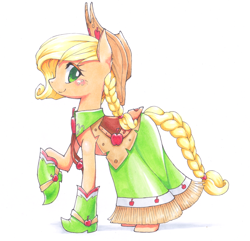 Size: 1200x1159 | Tagged: safe, artist:hashioaryut, applejack, earth pony, pony, clothes, dress, gala dress, profile, raised hoof, simple background, solo, traditional art, white background