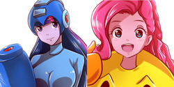 Size: 1000x500 | Tagged: dead source, safe, artist:maidenofthebells, derpibooru import, pinkie pie, twilight sparkle, equestria girls, bust, capcom, cleavage, cosplay, crossover, female, hilarious in hindsight, megaman, namco, pac-man, portrait, super smash bros.