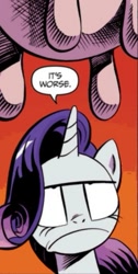 Size: 245x487 | Tagged: safe, artist:andypriceart, idw, rarity, cow, pony, unicorn, spoiler:comic, cropped, disappointed, female, mare, official comic, out of context, rarity is not amused, udder, unamused