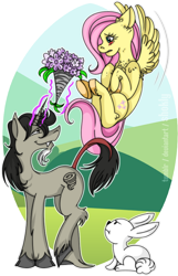 Size: 490x763 | Tagged: safe, artist:shokly, angel bunny, discord, fluttershy, pegasus, pony, blushing, bouquet, cloven hooves, discoshy, female, magic, male, pony discord, shipping, straight