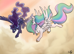 Size: 2795x2045 | Tagged: safe, artist:greyscaleart, derpibooru exclusive, princess celestia, princess luna, alicorn, pony, constellation freckles, cute, duo, female, flying, greyscaleart is trying to murder us, looking at each other, mare, royal sisters, siblings, sisters, sky, smiling, spread wings, wings