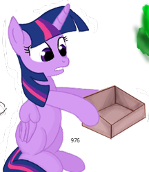 Size: 300x347 | Tagged: safe, artist:woox, derpibooru import, twilight sparkle, twilight sparkle (alicorn), alicorn, pony, box, confused, female, flockmod, frown, hoof hold, mare, open mouth, simple background, sitting, solo, transparent background