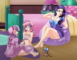 Size: 1280x989 | Tagged: safe, artist:shinta-girl, rarity, sweetie belle, oc, oc:golden sheen, human, equestria girls, barefoot, bed, belly button, cellphone, clothes, crossdressing, feet, female, humanized, makeup, male, midriff, nail polish, phone, skirt, slumber party, toenail polish, upskirt