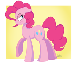 Size: 1200x1000 | Tagged: safe, artist:vale-bandicoot96, pinkie pie, pony, floppy ears, looking back, profile, raised hoof, solo, standing, unamused