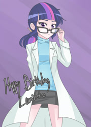 Size: 1280x1783 | Tagged: safe, artist:jonfawkes, derpibooru import, sci-twi, twilight sparkle, equestria girls, clothes, glasses, happy birthday, human coloration, lab coat, solo