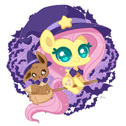 Size: 800x800 | Tagged: safe, artist:exceru-karina, fluttershy, pegasus, pony, broom, chibi, crossover, cute, eevee, female, flying, flying broomstick, hat, heart eyes, looking at you, mare, pokémon, shyabetes, simple background, smiling, transparent background, wingding eyes, witch, witch hat, ych result