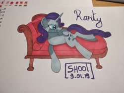 Size: 4000x3000 | Tagged: safe, artist:shooting star, rarity, pony, unicorn, bedroom eyes, copic, female, mare, shading, smiling, smirk, sofa, solo, traditional art