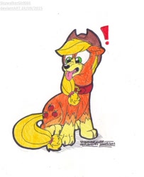 Size: 717x881 | Tagged: safe, artist:artistnjc, applejack, dog, appledog, collar, dogified, exclamation point, paws, redraw, simple background, sitting, solo, species swap, surprised, tongue out, traditional art, transformation