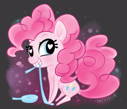 Size: 3500x3000 | Tagged: safe, artist:dressella, pinkie pie, pony, biting, cutie mark, heart eyes, looking at you, mane, ribbon, sitting, smiling, solo, tail, wingding eyes