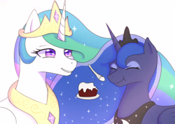 Size: 4963x3510 | Tagged: safe, artist:chagold, princess celestia, princess luna, alicorn, pony, cake, food, sisterly love, spoon