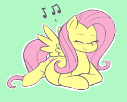 Size: 1820x1453 | Tagged: safe, artist:funble, fluttershy, pegasus, pony, blushing, cute, eyes closed, happy, music notes, preggoshy, pregnant, prone, sensibly-proportioned pregnancy, shyabetes, simple background, smiling, spread wings, wings