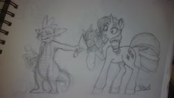 Size: 3264x1836 | Tagged: safe, artist:prismspark, rarity, spike, dragon, pony, unicorn, blushing, bouquet, female, flower, male, shipping, sketch, sparity, straight, traditional art