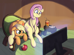 Size: 2872x2150 | Tagged: safe, artist:gab0o0, applejack, fluttershy, earth pony, pegasus, pony, apple, duo, food, sitting, sofa, television