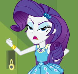 Size: 1139x1080 | Tagged: safe, screencap, rarity, better together, equestria girls, holidays unwrapped, bracelet, canterlot high, clenched fist, cropped, female, frown, geode of shielding, hallway, jewelry, lockers, magical geodes, o come all ye squashful, solo