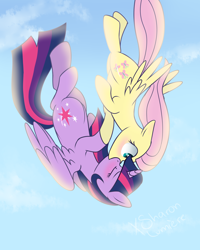 Size: 2000x2500 | Tagged: safe, artist:sugguk, derpibooru import, fluttershy, twilight sparkle, twilight sparkle (alicorn), alicorn, pegasus, pony, falling, female, kissing, lesbian, mare, shipping, twishy