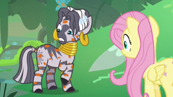 Size: 1280x720 | Tagged: safe, screencap, fluttershy, zecora, pegasus, pony, zebra, a health of information, duo, sick, swamp fever, swamp fever plant, wet mane