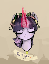 Size: 2000x2600 | Tagged: safe, artist:catzino, derpibooru import, twilight sparkle, blushing, bust, eyes closed, floral head wreath, flower in hair, necklace, portrait