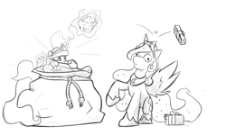 Size: 1280x768 | Tagged: safe, artist:captainhoers, princess celestia, princess luna, alicorn, pony, blank stare, christmas presents, ethereal mane, female, glowing horn, grayscale, hoof shoes, levitation, lineart, magic, mare, monochrome, present, royal sisters, sack, santa sack, silly, starry mane, telekinesis, throwing