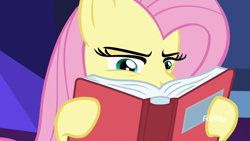 Size: 1920x1080 | Tagged: safe, screencap, fluttershy, pegasus, pony, a health of information, book, discovery family logo, hoof hold, reading, solo, squint, what the fuck am i reading