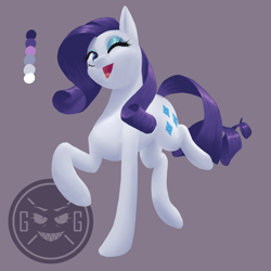 Size: 1080x1080 | Tagged: safe, artist:graphic-ginger, rarity, pony, unicorn, cute, cutie mark, female, looking at you, mare, one eye closed, one layer, open mouth, purple background, raised hoof, raribetes, reference sheet, simple background, solo