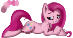 Size: 1231x649 | Tagged: safe, artist:mintatheena, pinkie pie, earth pony, pony, blushing, color palette, female, looking back, lying down, mare, pinkamena diane pie, simple background, solo, transparent background