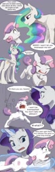 Size: 1280x3955 | Tagged: safe, artist:silfoe, princess celestia, rarity, sweetie belle, alicorn, pony, unicorn, comic, cutie mark, dialogue, ethereal mane, female, filly, foal, glowing horn, gray background, lesbian, magic, mare, open mouth, panic, rarilestia, royal sketchbook, running, screaming, shipping, simple background, smiling, speech bubble, telekinesis, underhoof