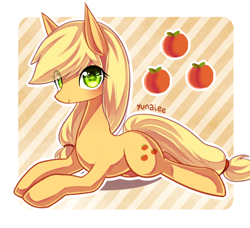 Size: 800x728 | Tagged: safe, artist:yunajee, applejack, earth pony, pony, hatless, missing accessory, prone, solo