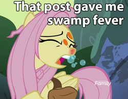 Size: 700x540 | Tagged: safe, screencap, fluttershy, pegasus, pony, a health of information, coughing, discovery family logo, image macro, meme, saddle bag, solo, swamp fever, that post gave me cancer