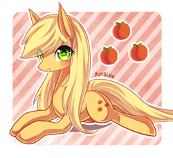 Size: 800x728 | Tagged: safe, artist:yunajee, applejack, earth pony, pony, hatless, loose hair, missing accessory, prone, solo