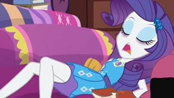 Size: 834x470 | Tagged: safe, rarity, better together, equestria girls, holidays unwrapped, blizzard or bust, cropped, eyes closed, eyeshadow, makeup, open mouth, pencil skirt, sleeping, snoring, teeth, zoomed in