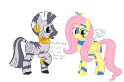 Size: 1200x800 | Tagged: safe, artist:mightyshockwave, fluttershy, zecora, bee, flash bee, pegasus, pony, zebra, a health of information, bodypaint, ear piercing, earring, female, jewelry, mare, paint, piercing, rhyme