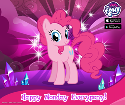 Size: 940x788 | Tagged: safe, pinkie pie, pony, facebook, gameloft, happy, monday, my little pony logo, official, pink, solo